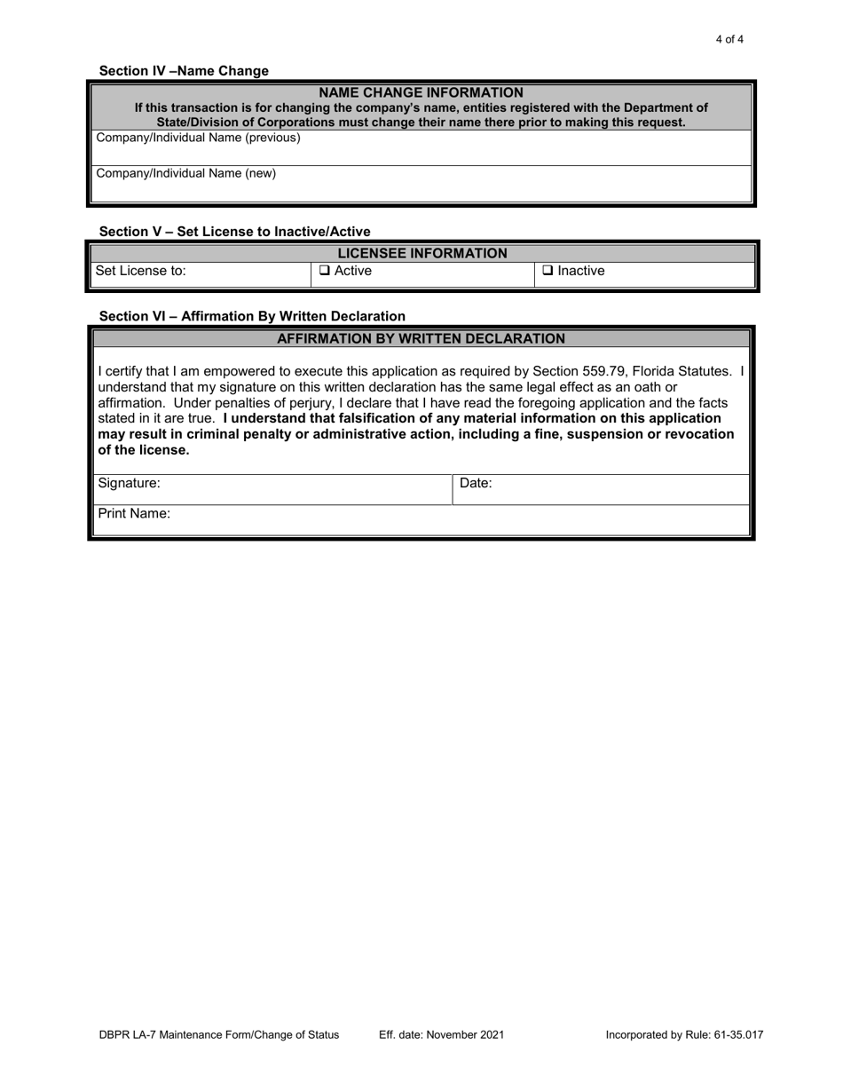 Form DBPR LA7 Maintenance Form / Status Change - Florida, Page 4