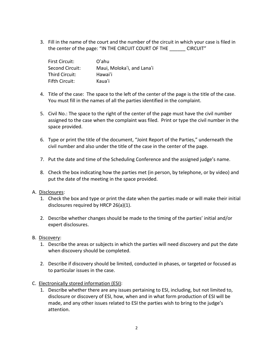 Instructions for Form SC-P-411, RCCH E-4, HRCP36 Joint Report of the Parties - Hawaii, Page 2