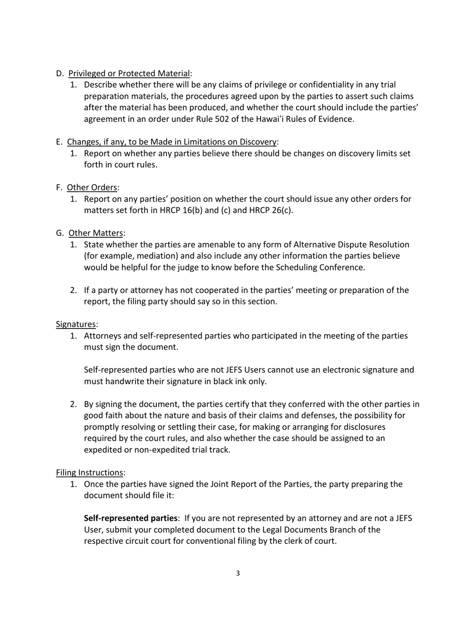 Instructions for Form SC-P-411, RCCH E-4, HRCP36 Joint Report of the Parties - Hawaii, Page 3
