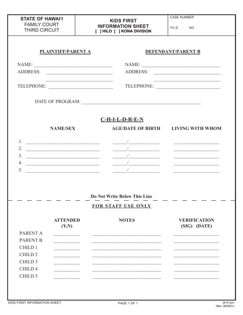 Form 3C-P-231 Kids First Information Sheet - Hawaii