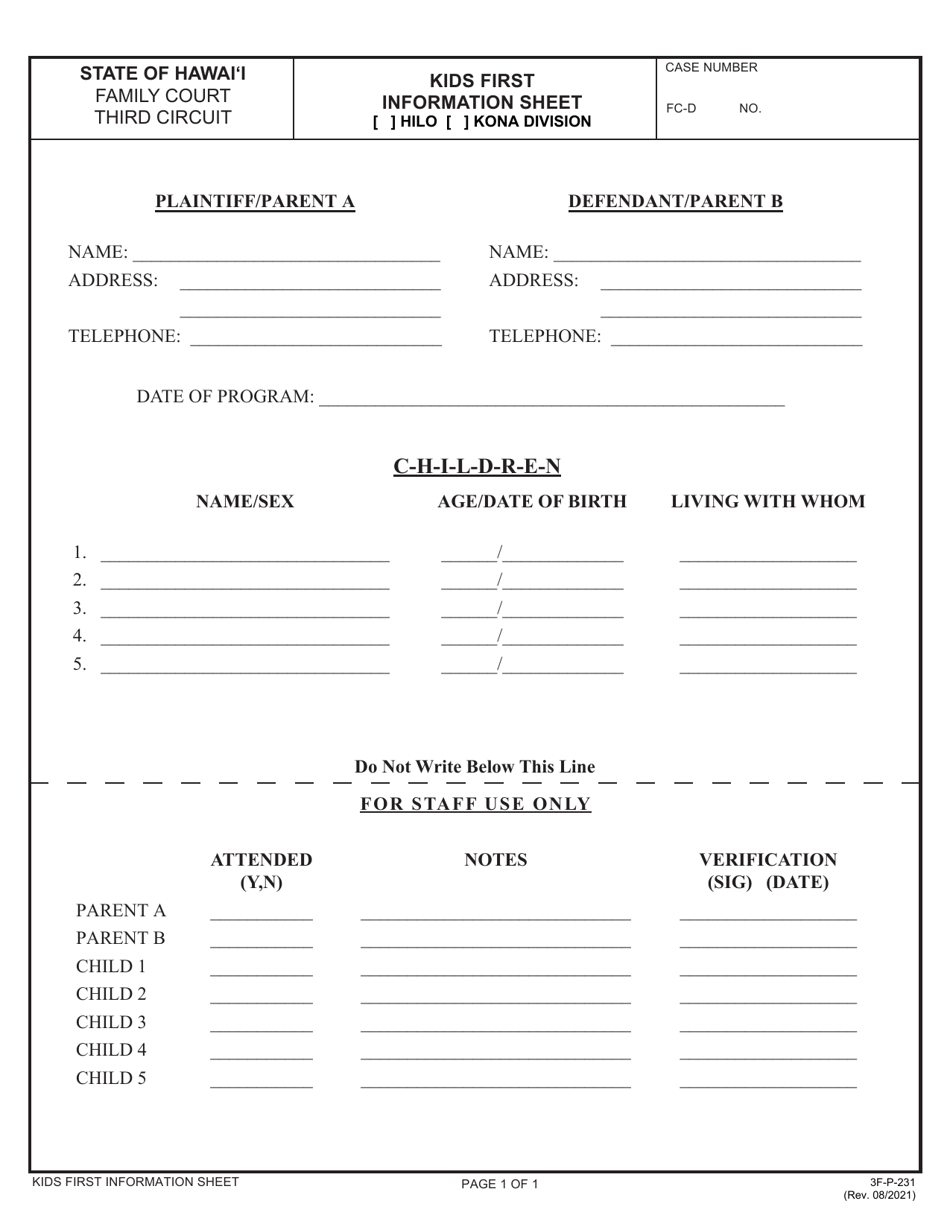 Form 3C-P-231 Kids First Information Sheet - Hawaii, Page 1