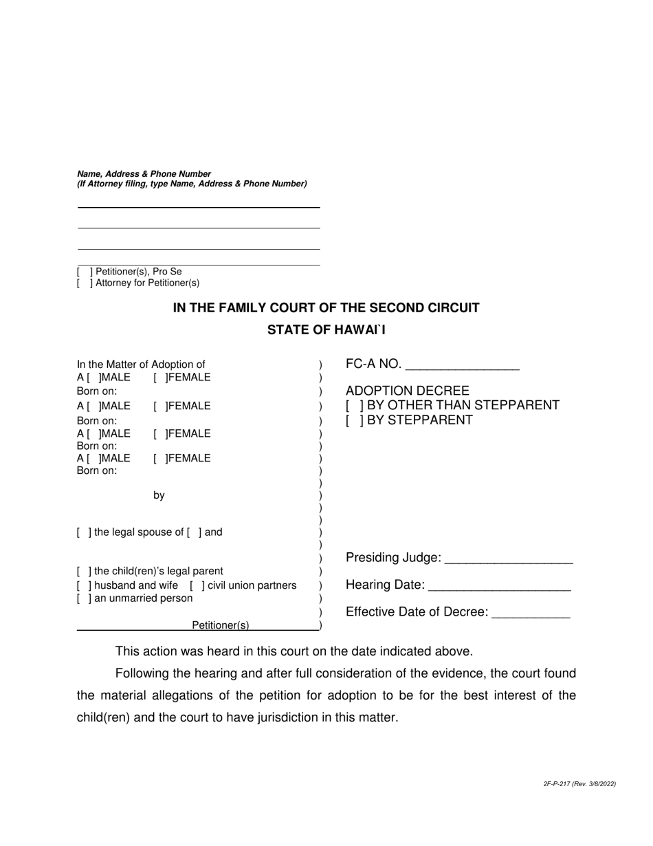 Form 2F-P-217 Adoption Decree by Other Than Stepparent / By Stepparent - Hawaii, Page 1