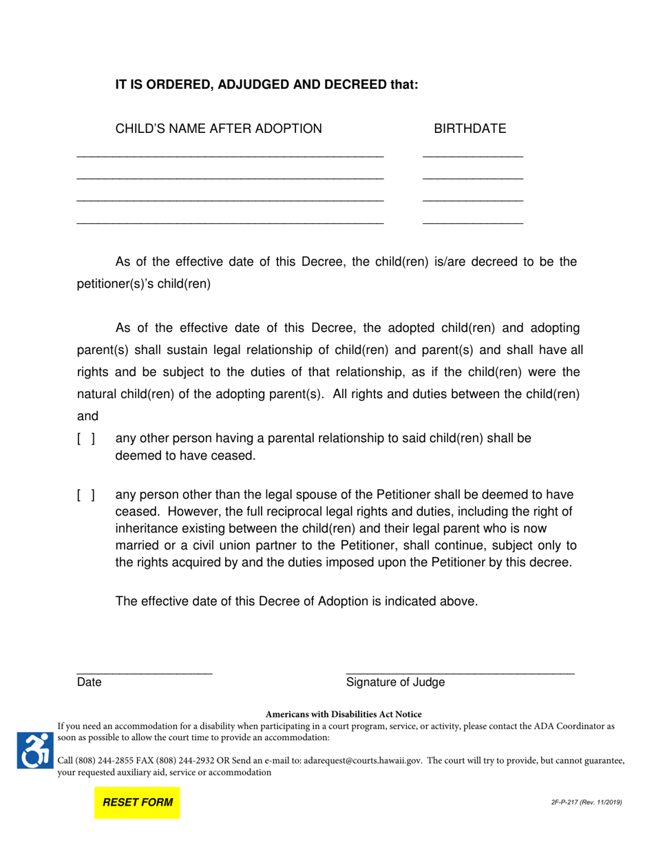 Form 2F-P-217 Adoption Decree by Other Than Stepparent / By Stepparent - Hawaii, Page 2