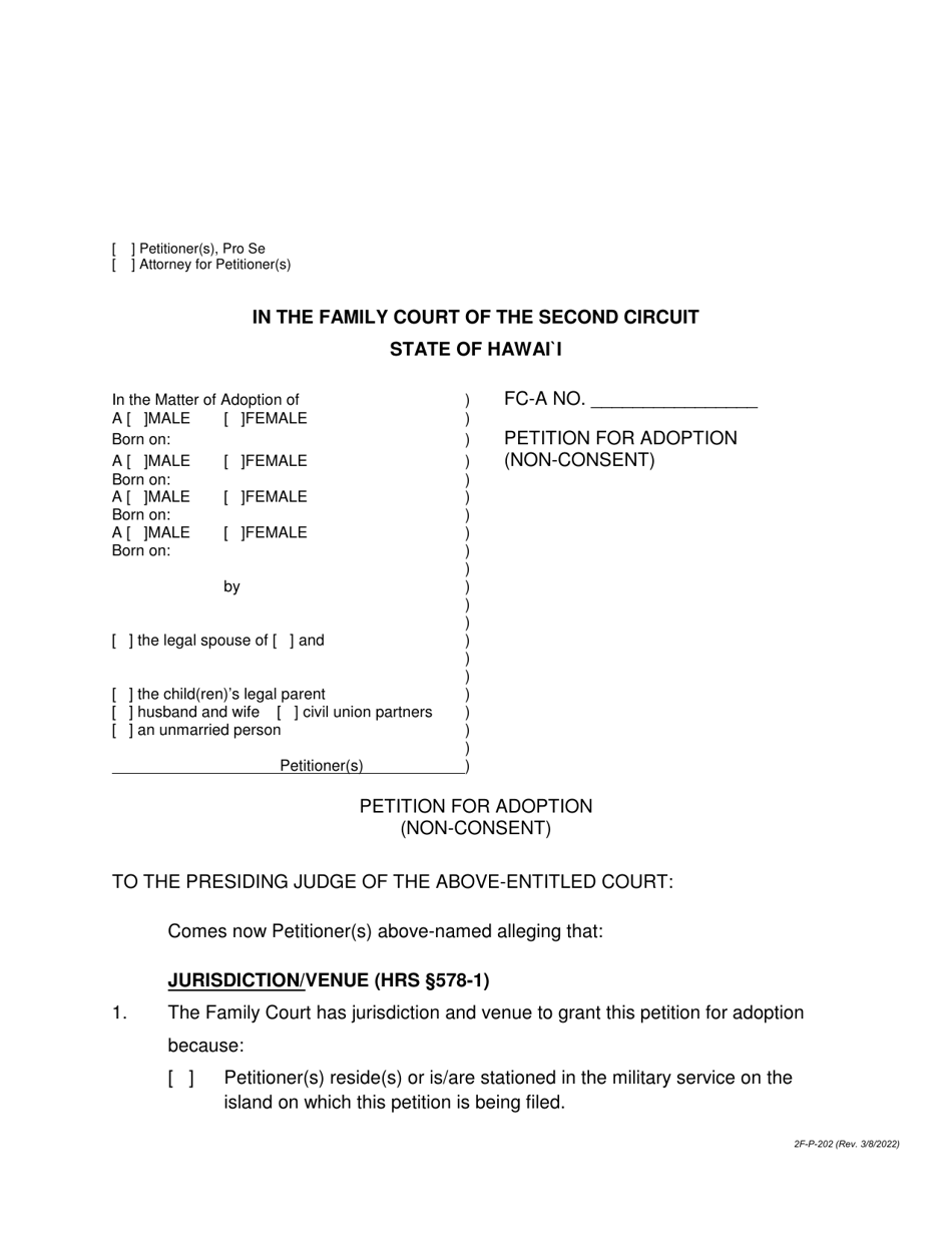 Form 2F-P-202 Petition for Adoption (Non-consent) - Hawaii, Page 1