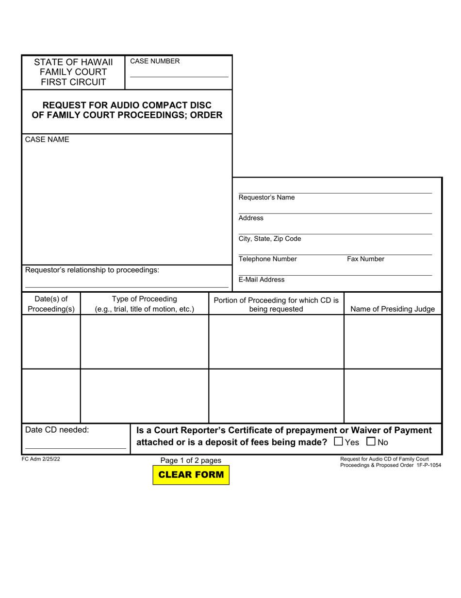 Form 1F-P-1054 Request for Audio Compact Disc of Family Court Proceedings; Order - Hawaii, Page 1