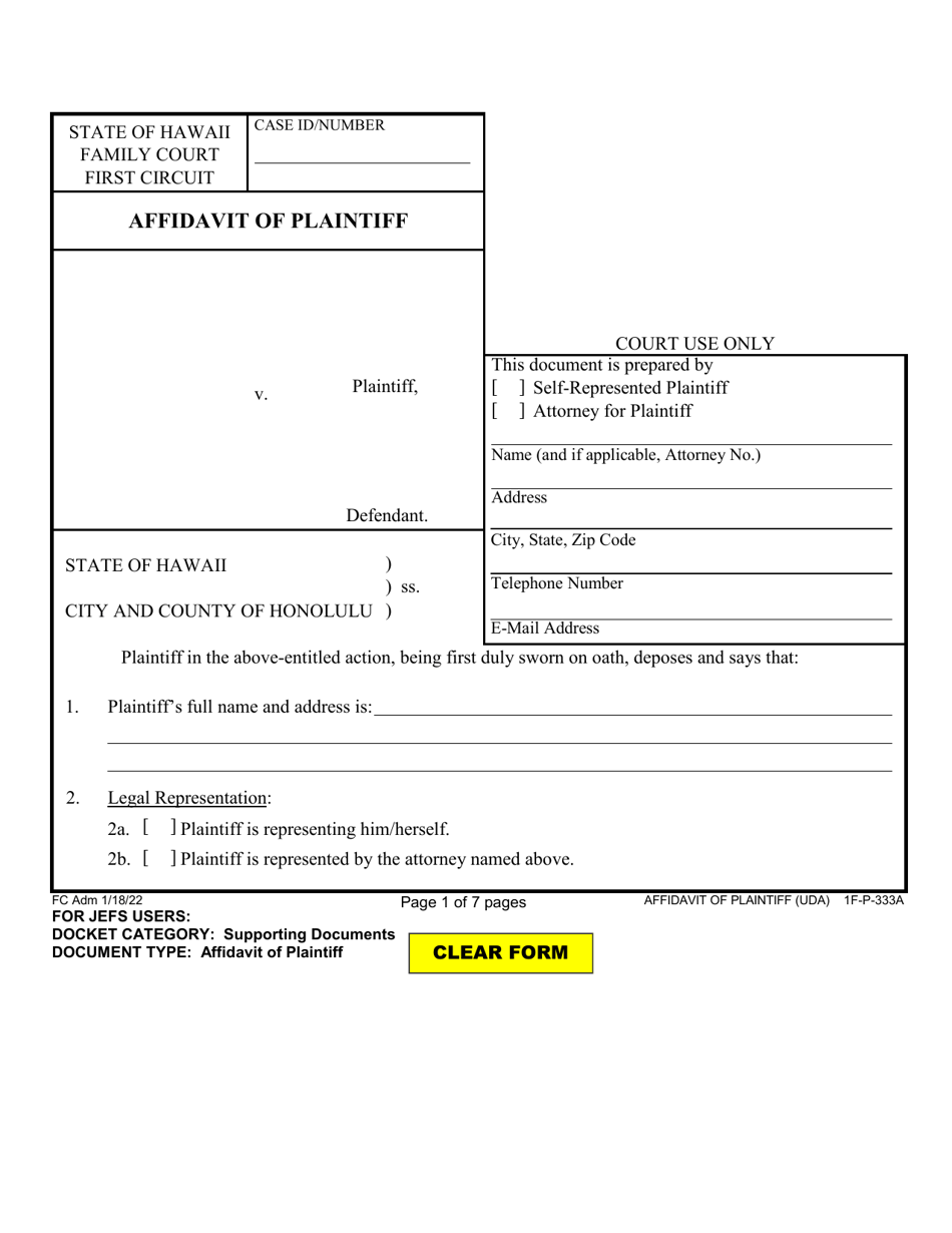Form 1F-P-333A Affidavit of Plaintiff - Hawaii, Page 1