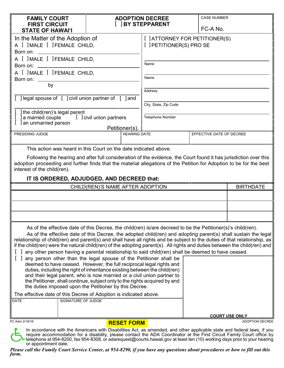 Form 1F-P-880 Adoption Decree of a Child(Ren) - Hawaii, Page 1