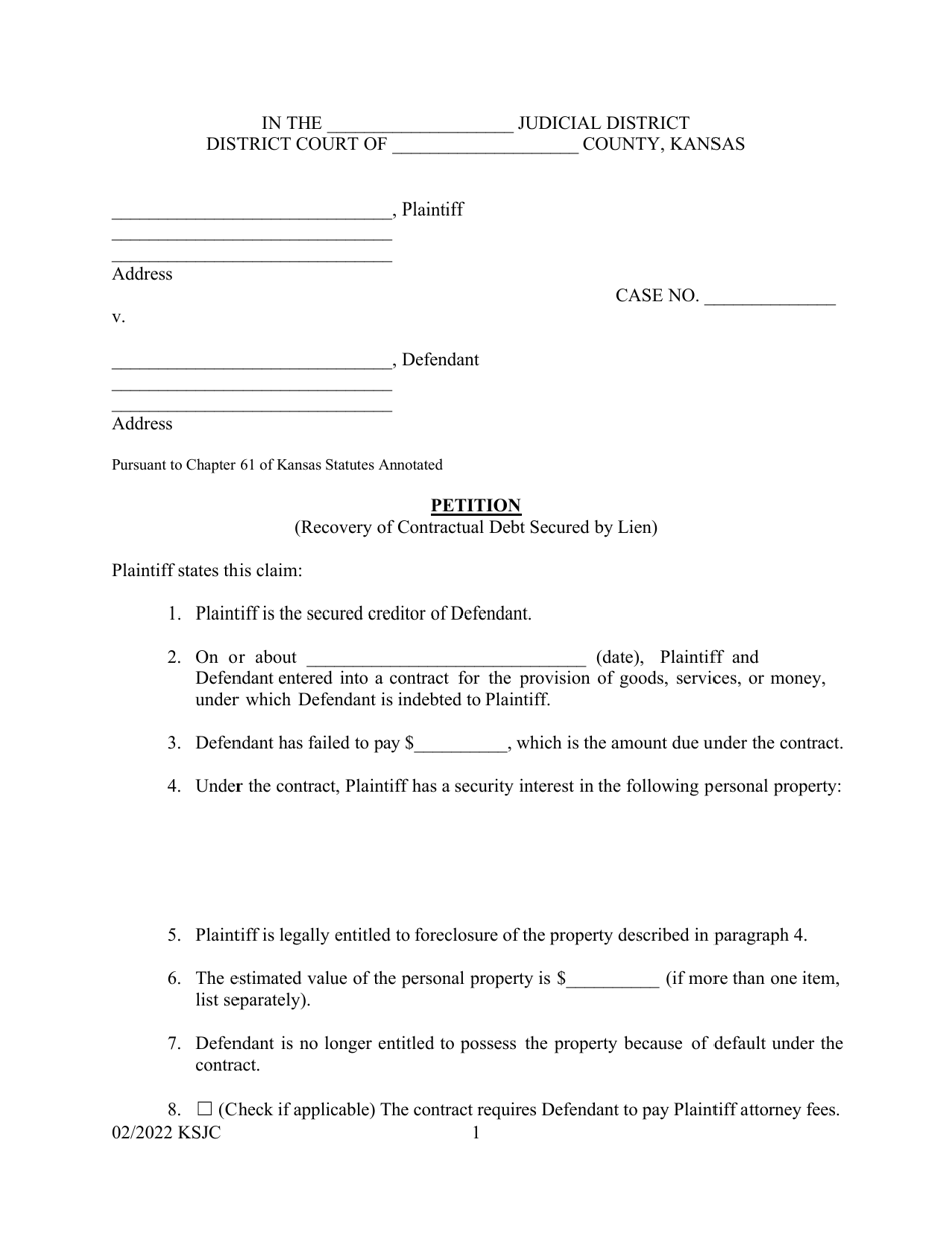 Petition (Recovery of Contractual Debt Secured by Lien) - Kansas, Page 1