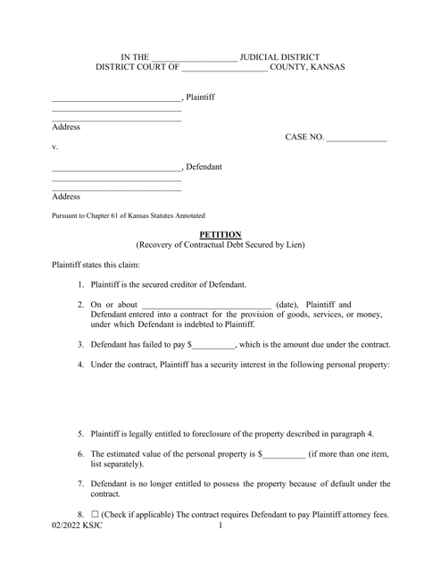 Petition (Recovery of Contractual Debt Secured by Lien) - Kansas Download Pdf