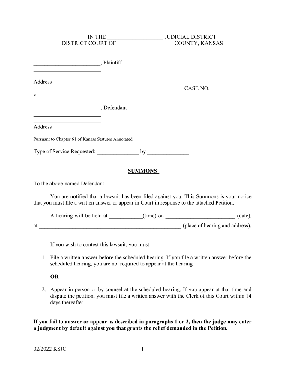 Kansas Summons - Fill Out, Sign Online and Download PDF | Templateroller