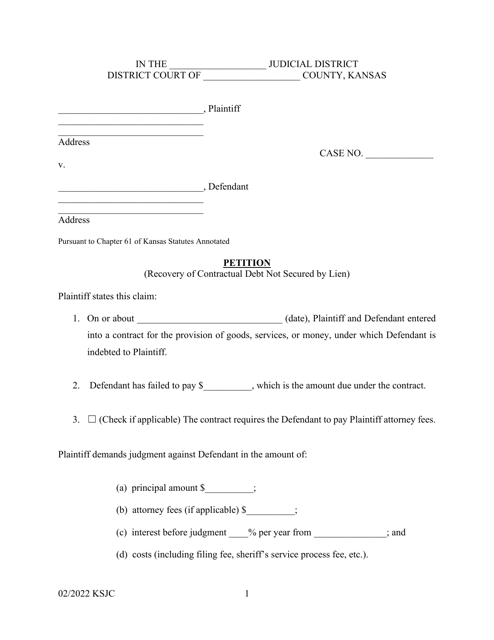 Petition (Recovery of Contractual Debt Not Secured by Lien) - Kansas Download Pdf