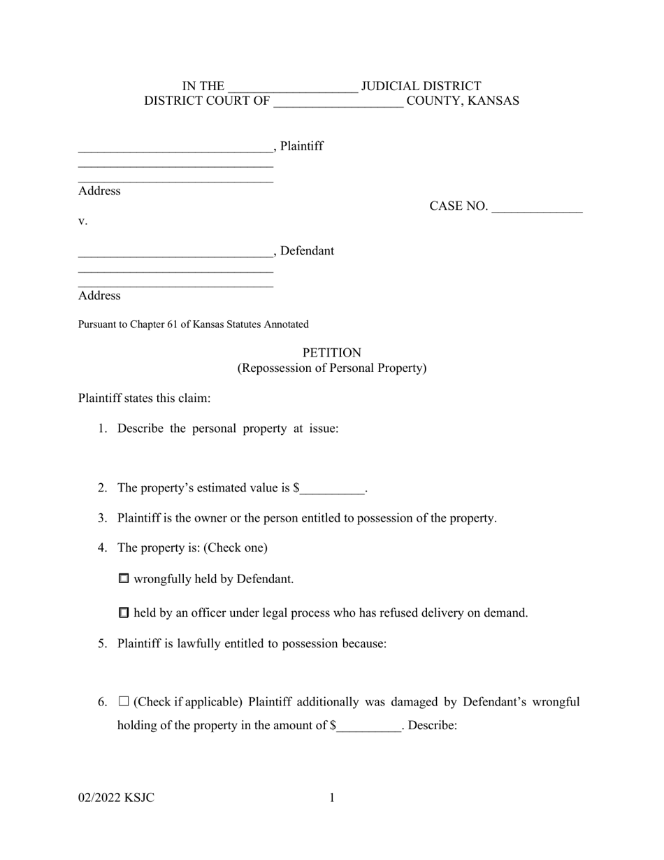 Petition (Repossession of Personal Property) - Kansas, Page 1