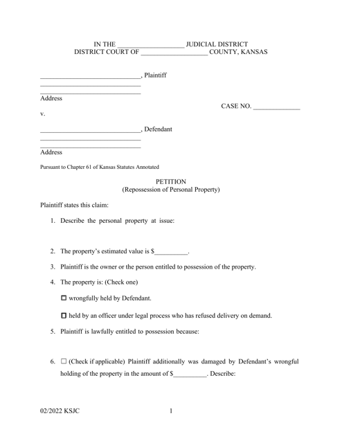 Petition (Repossession of Personal Property) - Kansas Download Pdf