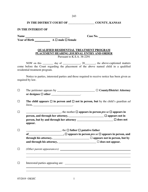 Document preview: Form 243 Qualified Residential Treatment Program Placement Hearing Journal Entry and Order - Kansas