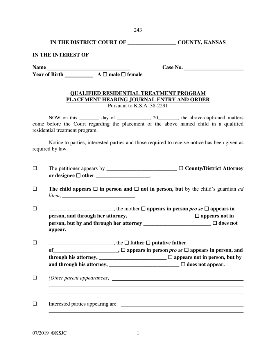 Form 243 Qualified Residential Treatment Program Placement Hearing Journal Entry and Order - Kansas, Page 1