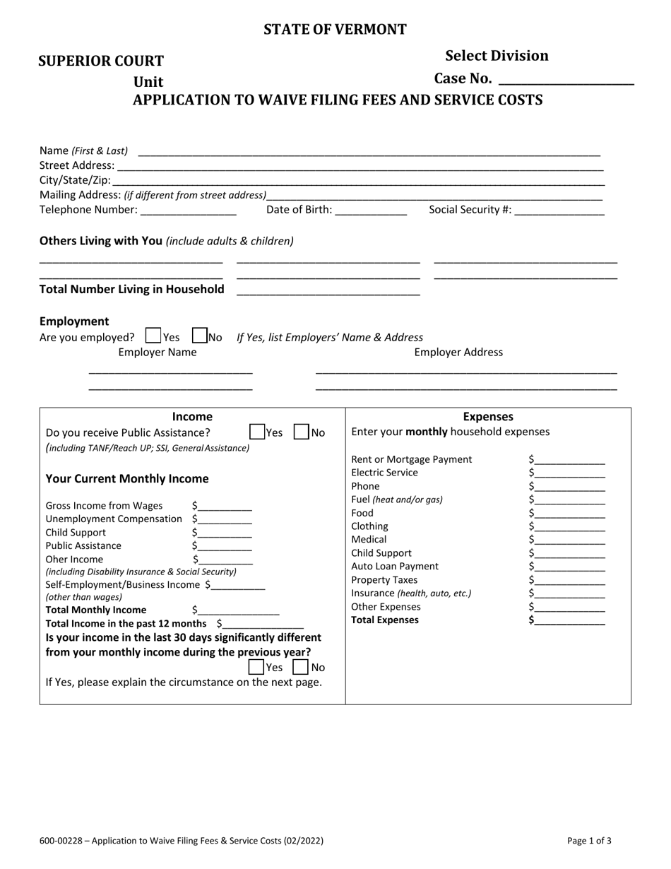 Form 600-00228 Application to Waive Filing Fees and Service Costs - Vermont, Page 1