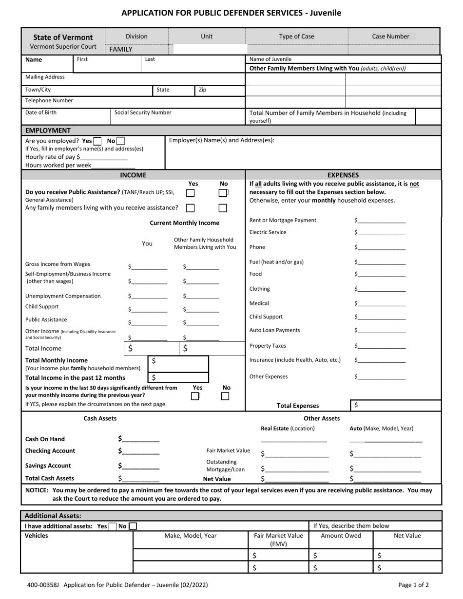 Form 400-00358J Application for Public Defender Services - Juvenile - Vermont, Page 1