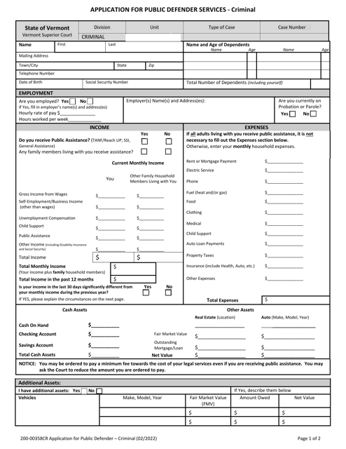 Form 200-00358CR Application for Public Defender Services - Criminal - Vermont