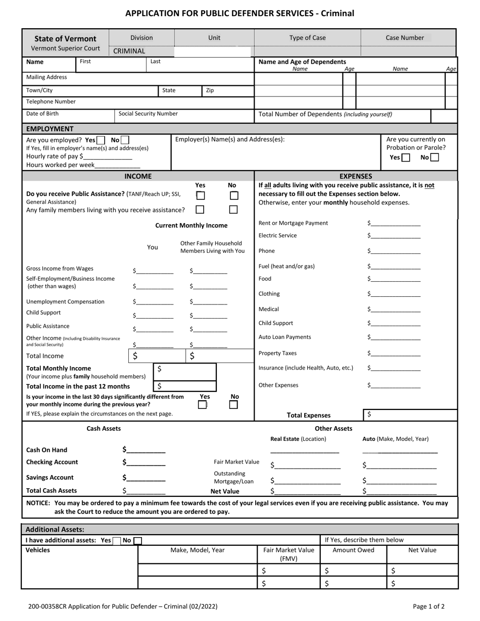 Form 200-00358CR Application for Public Defender Services - Criminal - Vermont, Page 1