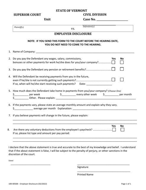 Form 100-00508 Employer Disclosure - Vermont