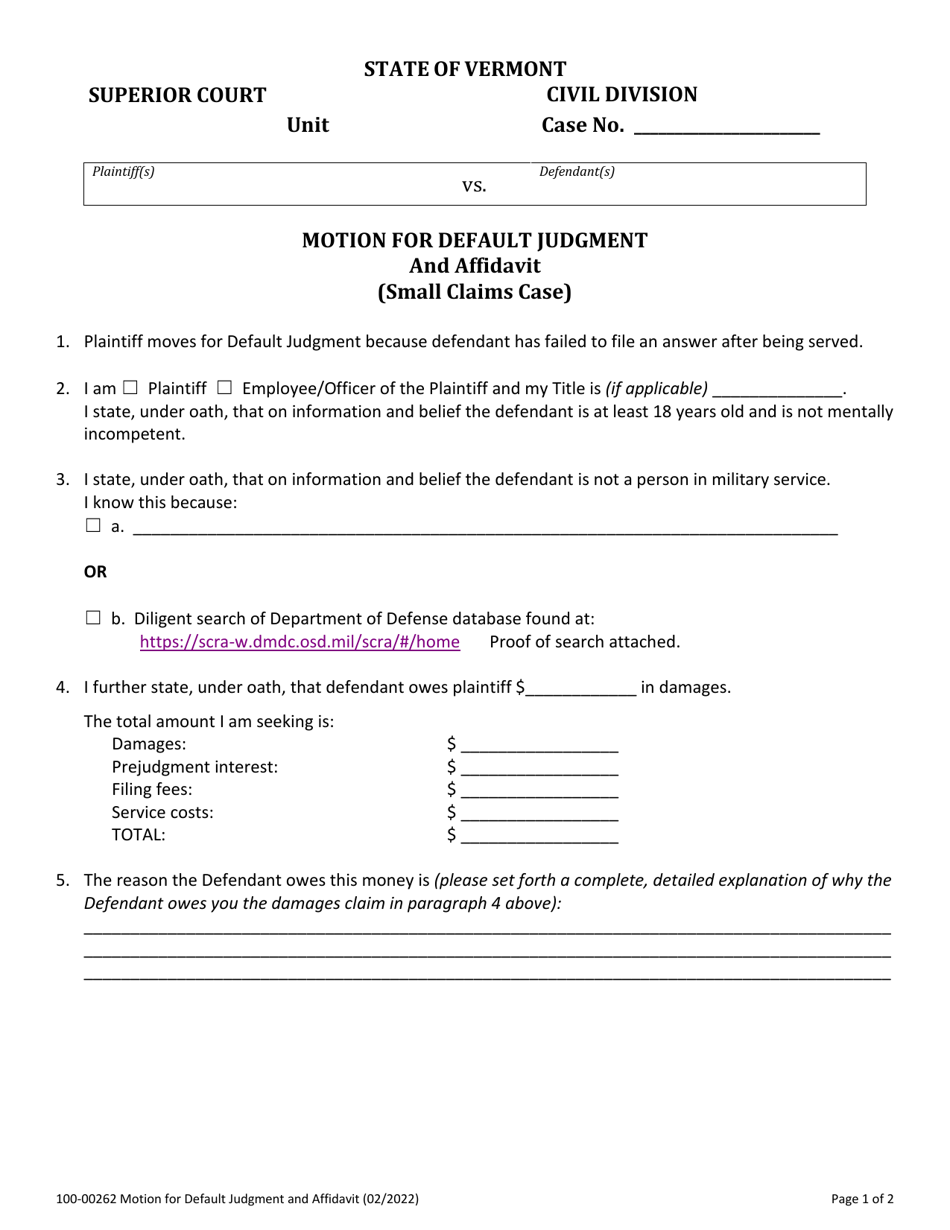 Form 100-00262 Motion for Default Judgment and Affidavit (Small Claims Case) - Vermont, Page 1