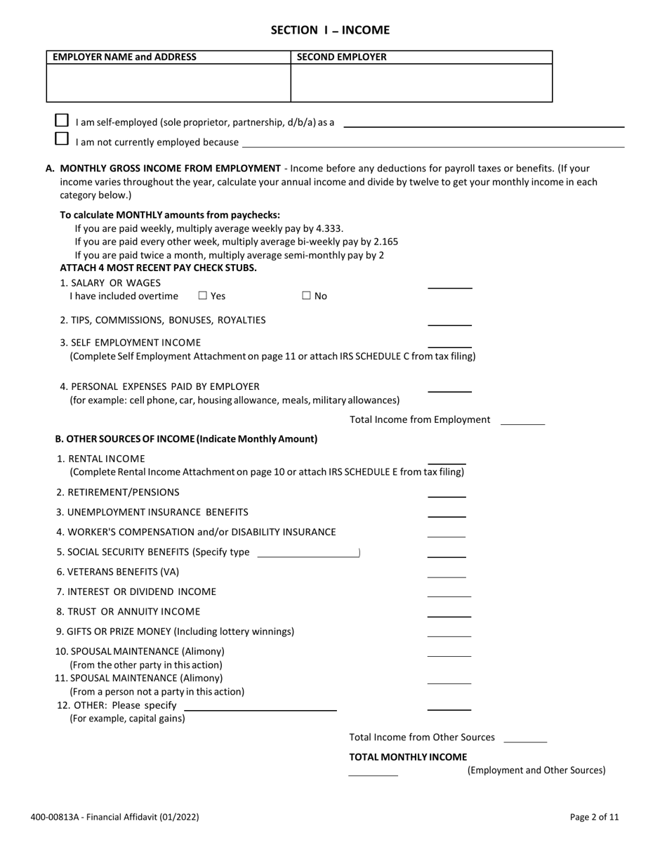 Form 400-00813A Financial Affidavit - Vermont, Page 2
