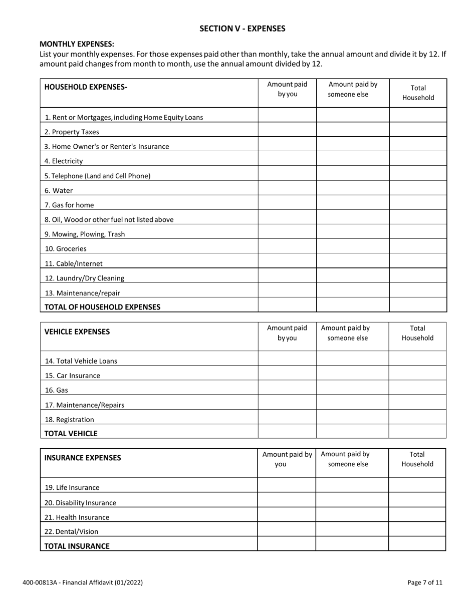 Form 400-00813A Financial Affidavit - Vermont, Page 7