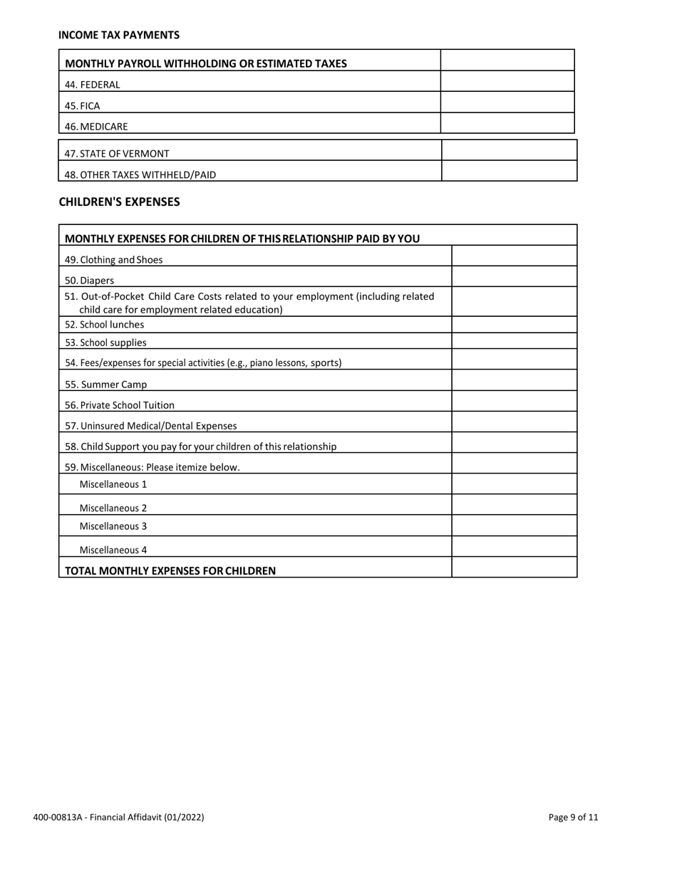 Form 400-00813A Financial Affidavit - Vermont, Page 9