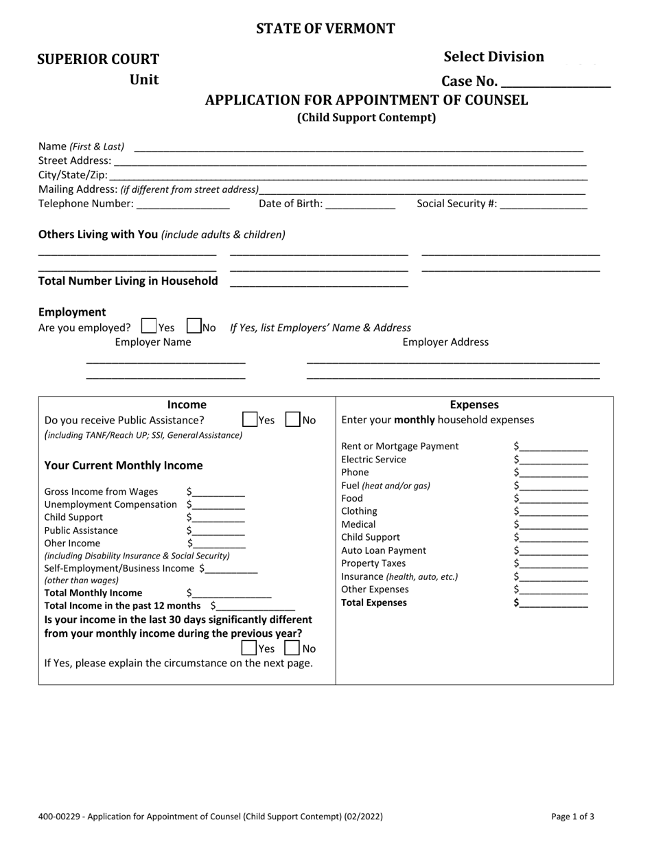 Form 400-00229 Application for Appointment of Counsel (Child Support Contempt) - Vermont, Page 1