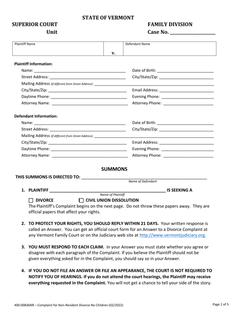 Form 400-00836NR Complaint for Non-resident Divorce - No Children - Vermont
