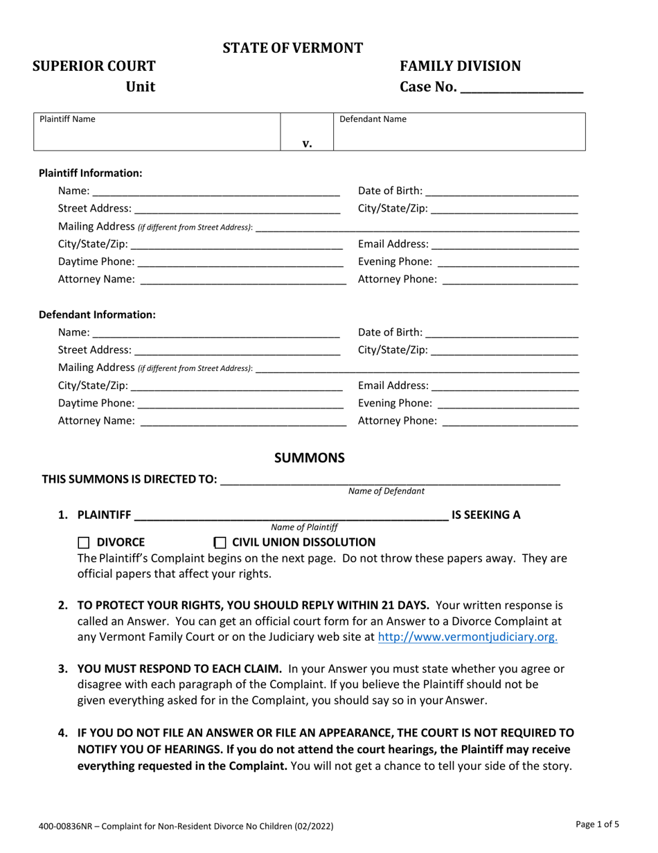 Form 400-00836NR Complaint for Non-resident Divorce - No Children - Vermont, Page 1