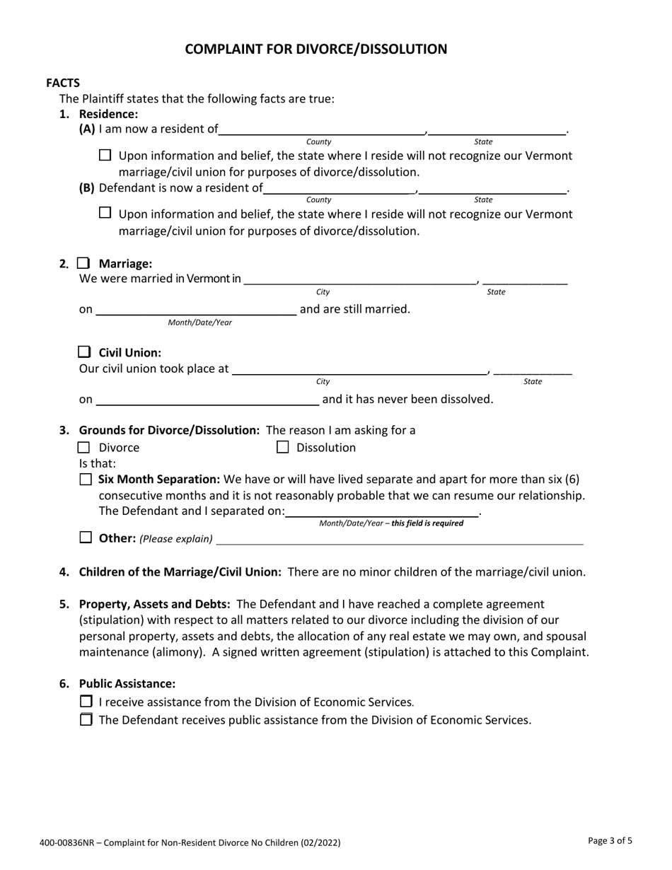 Form 400-00836NR Complaint for Non-resident Divorce - No Children - Vermont, Page 3