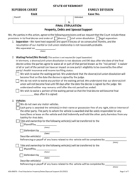 Document preview: Form 400-00878 Final Stipulation - Property, Debts and Spousal Support - Vermont