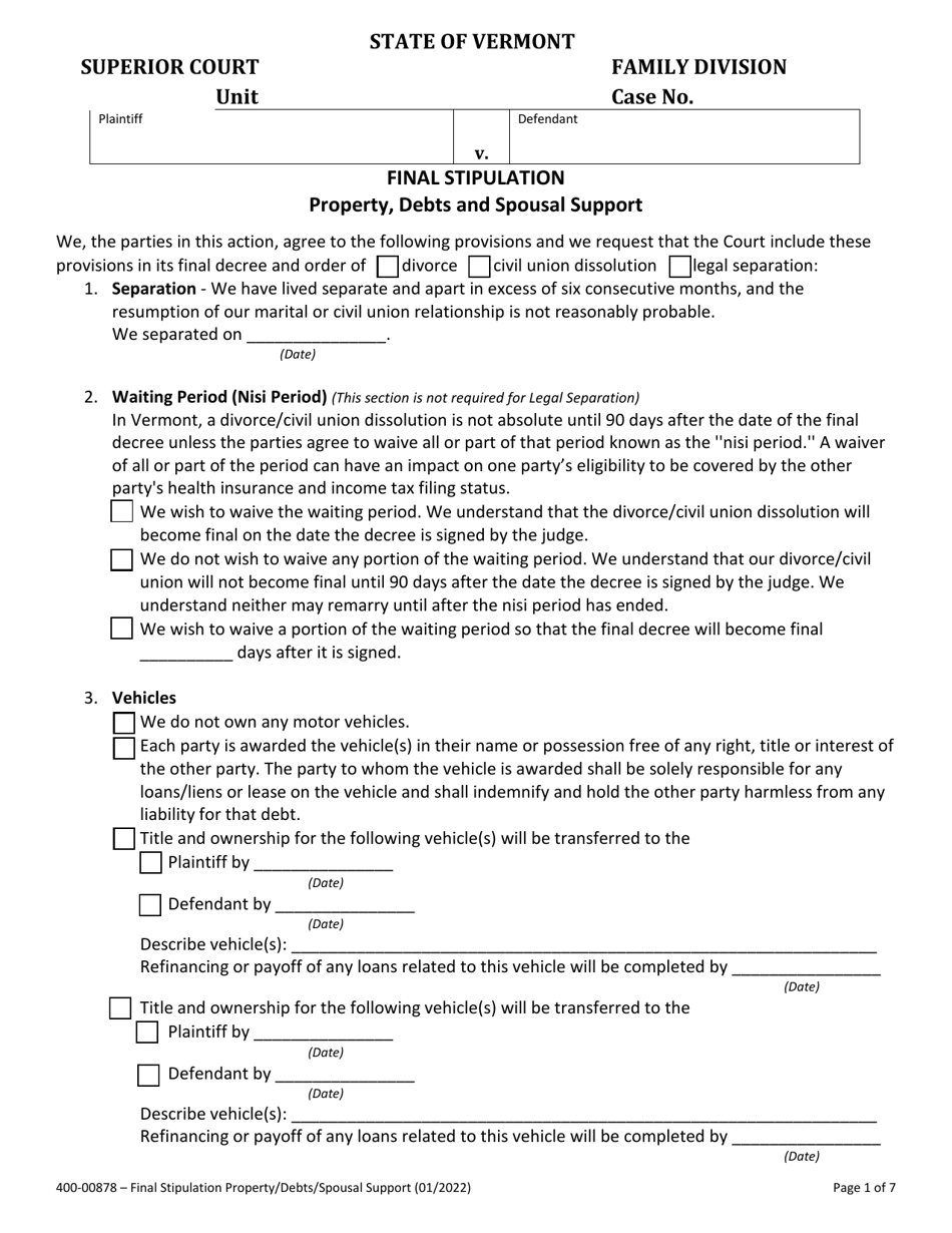 Form 400-00878 Final Stipulation - Property, Debts and Spousal Support - Vermont, Page 1