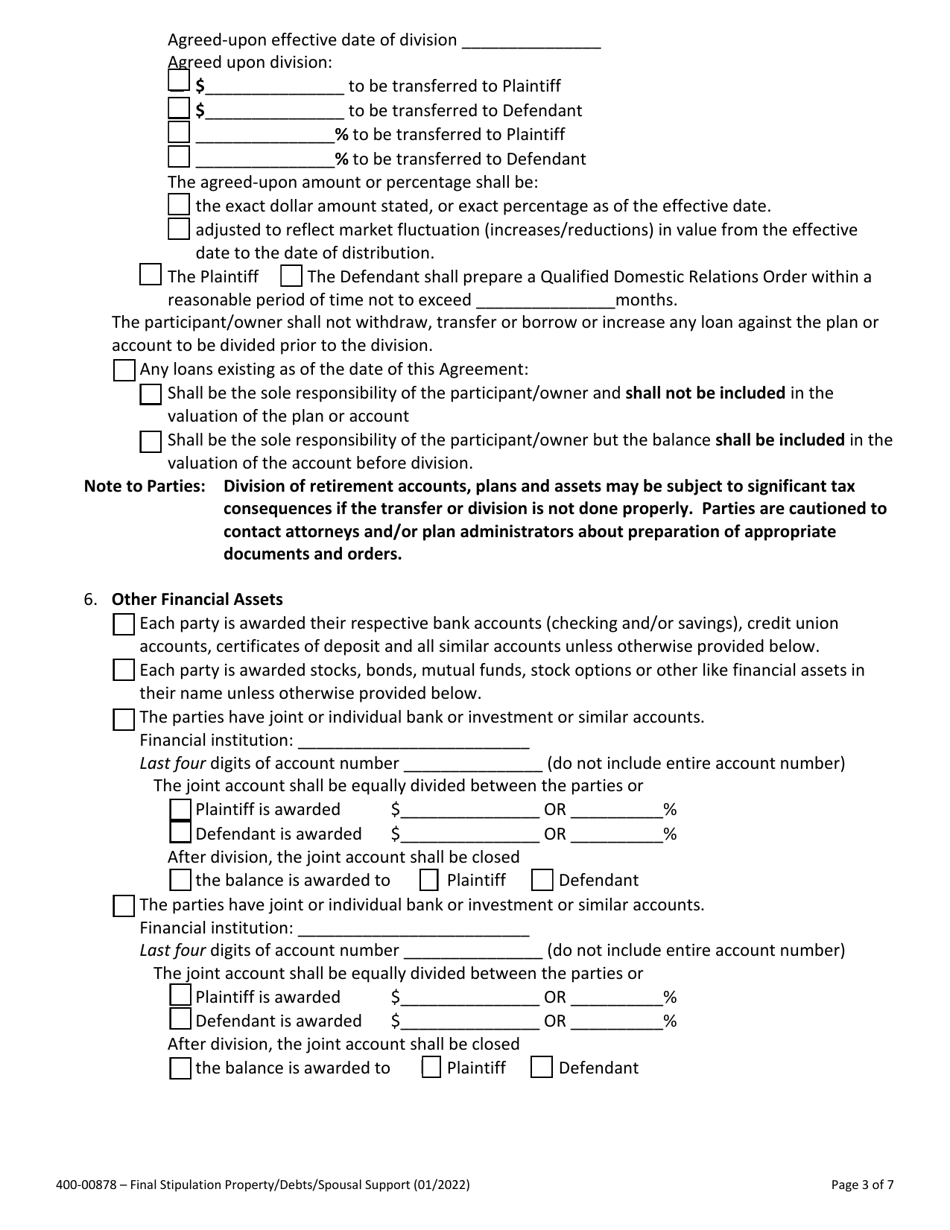 Form 400-00878 Final Stipulation - Property, Debts and Spousal Support - Vermont, Page 3