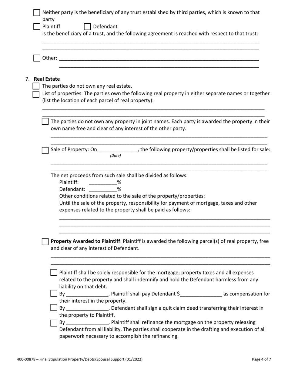 Form 400-00878 Final Stipulation - Property, Debts and Spousal Support - Vermont, Page 4