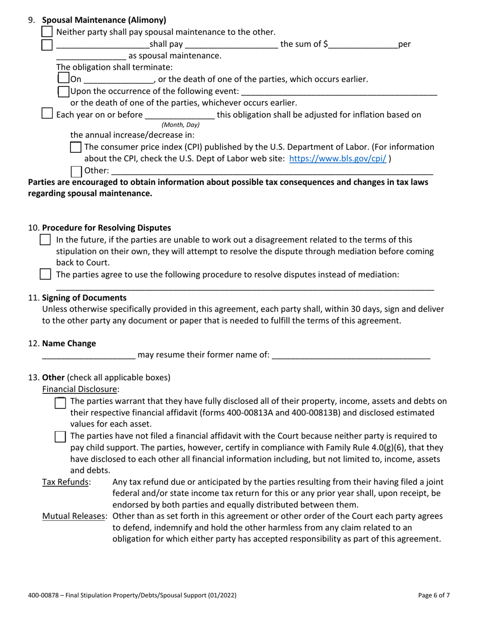 Form 400-00878 Final Stipulation - Property, Debts and Spousal Support - Vermont, Page 6