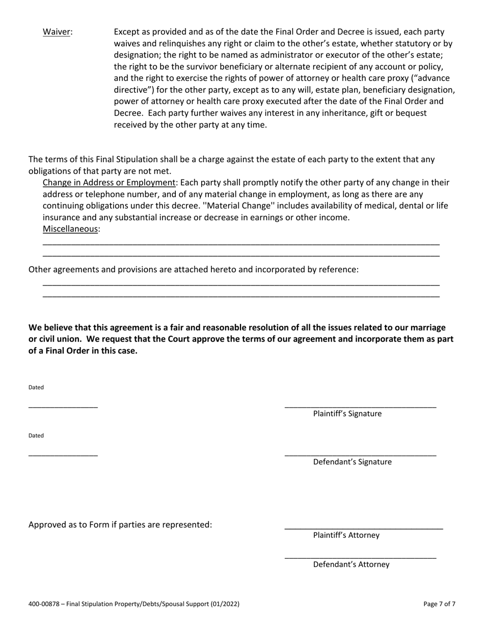 Form 400-00878 Final Stipulation - Property, Debts and Spousal Support - Vermont, Page 7