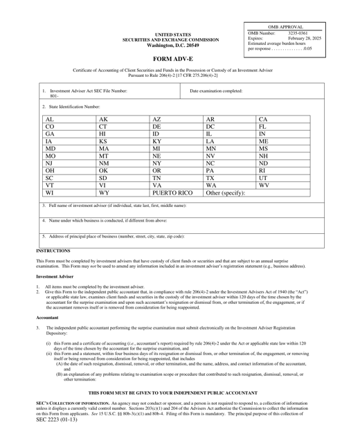 SEC Form 2223 (ADV-E)  Printable Pdf
