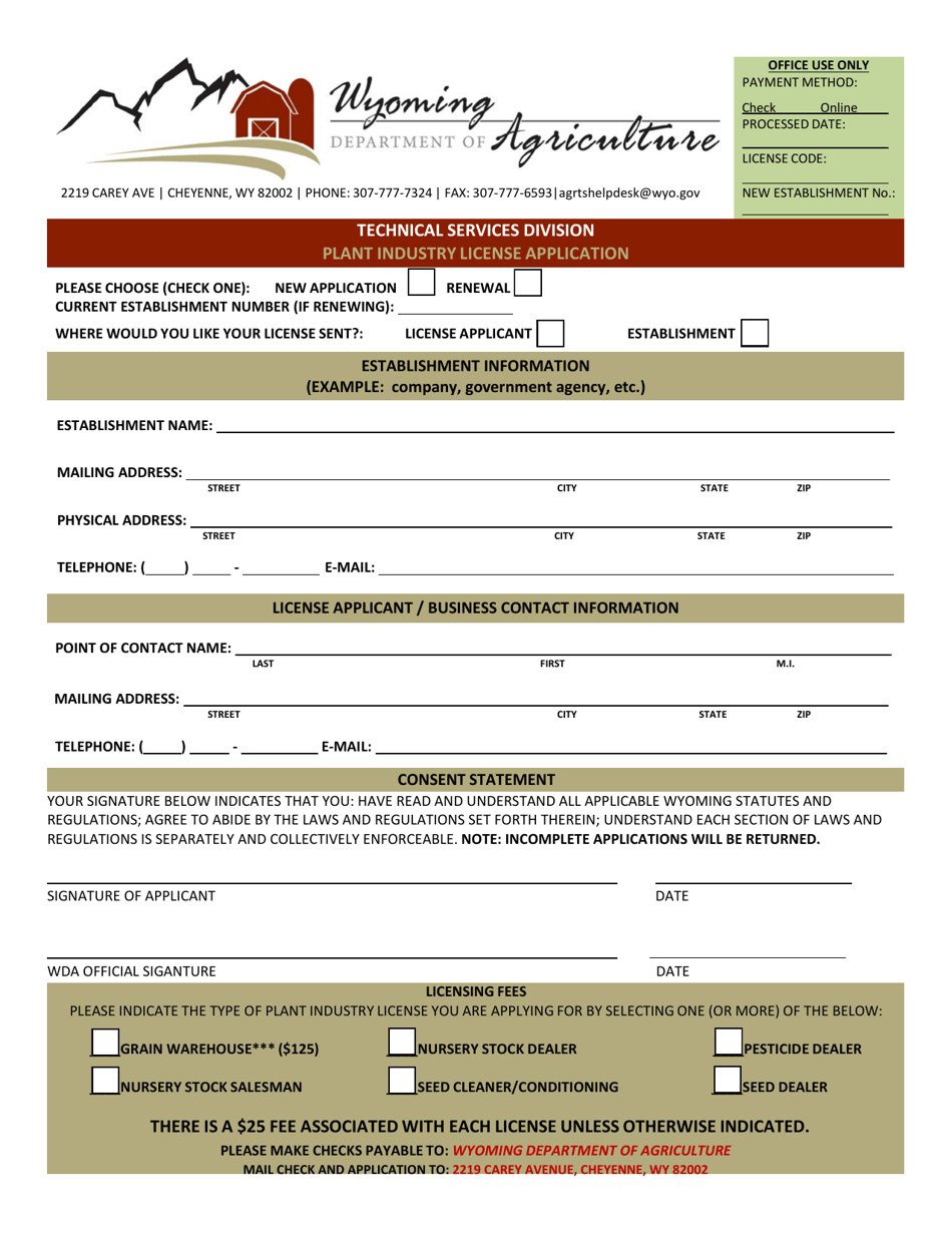 Plant Industry License Application - Wyoming, Page 1