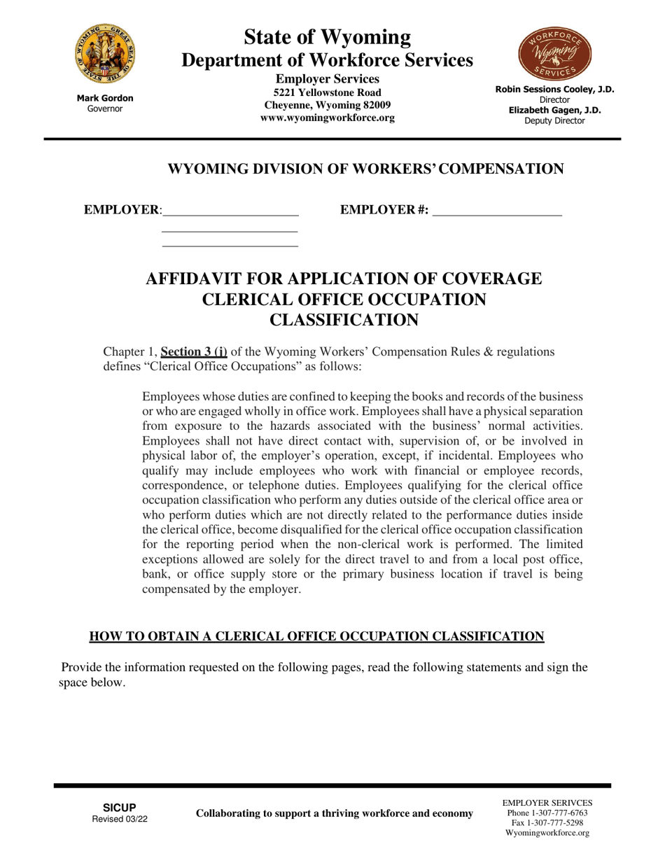 Affidavit for Application of Coverage Clerical Office Occupation Classification - Wyoming, Page 1
