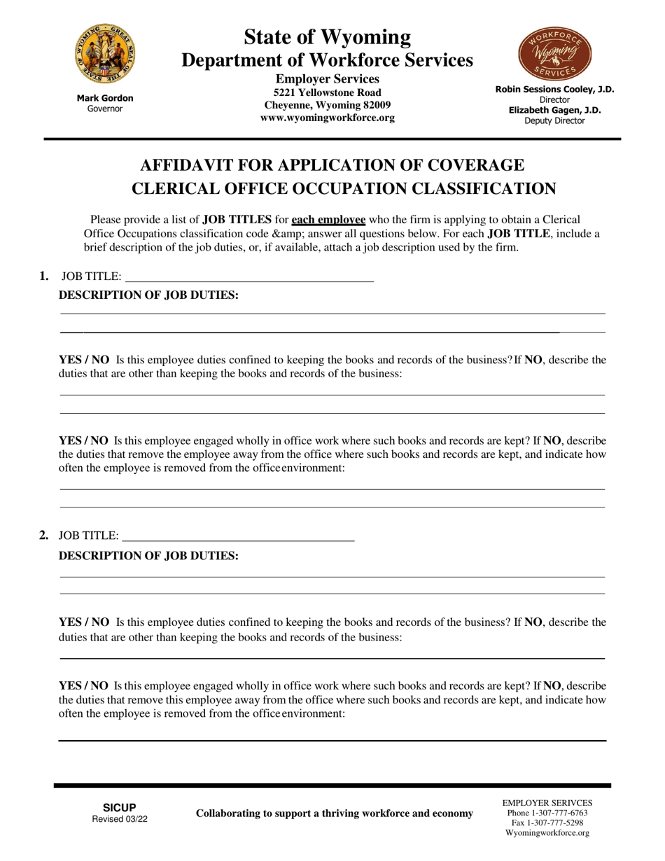 Affidavit for Application of Coverage Clerical Office Occupation Classification - Wyoming, Page 3