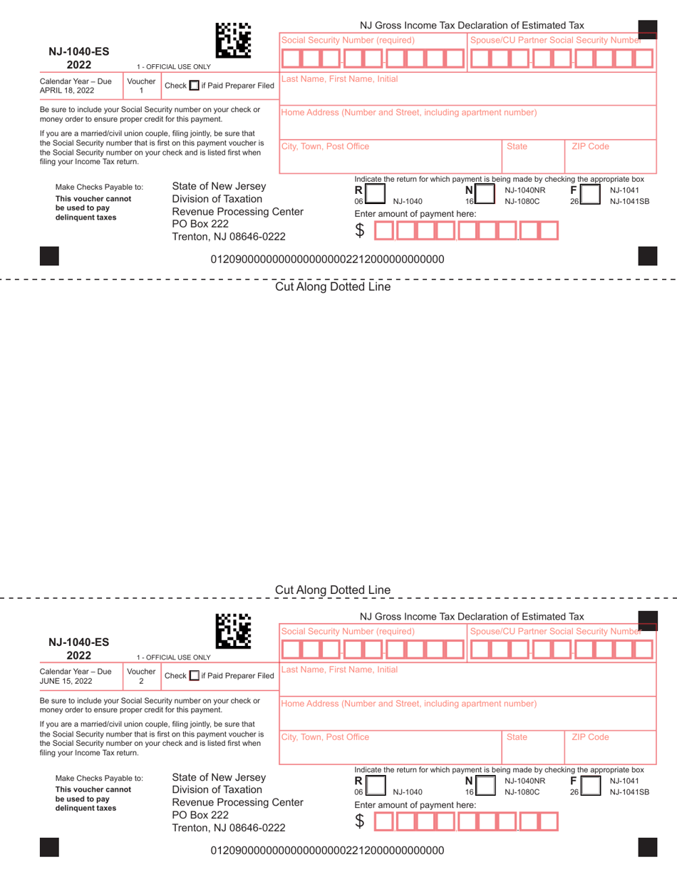Form NJ-1040-ES Gross Income Tax Declaration of Estimated Tax - New Jersey, Page 1