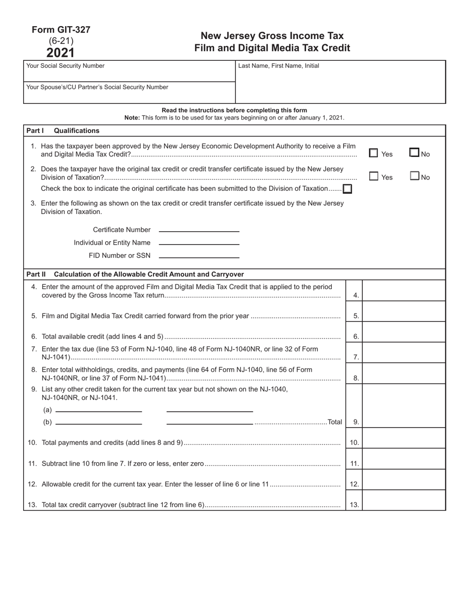 Form GIT-327 Film and Digital Media Tax Credit - New Jersey, Page 1