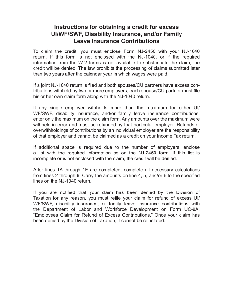 Form NJ-2450 Employees Claim for Credit for Excess UI / WF / SWF, Disability Insurance, and / or Family Leave Insurance Contributions - New Jersey, Page 2