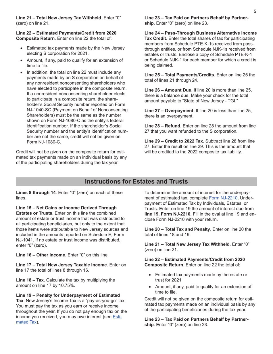 Instructions for Form NJ-1080-C, NJ-1080-E - New Jersey, Page 5