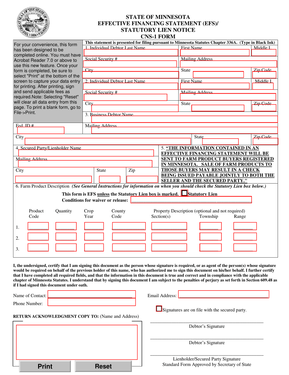 Form CNS-1 Effective Financing Statement (Efs) / Statutory Lien Notice - Minnesota, Page 1