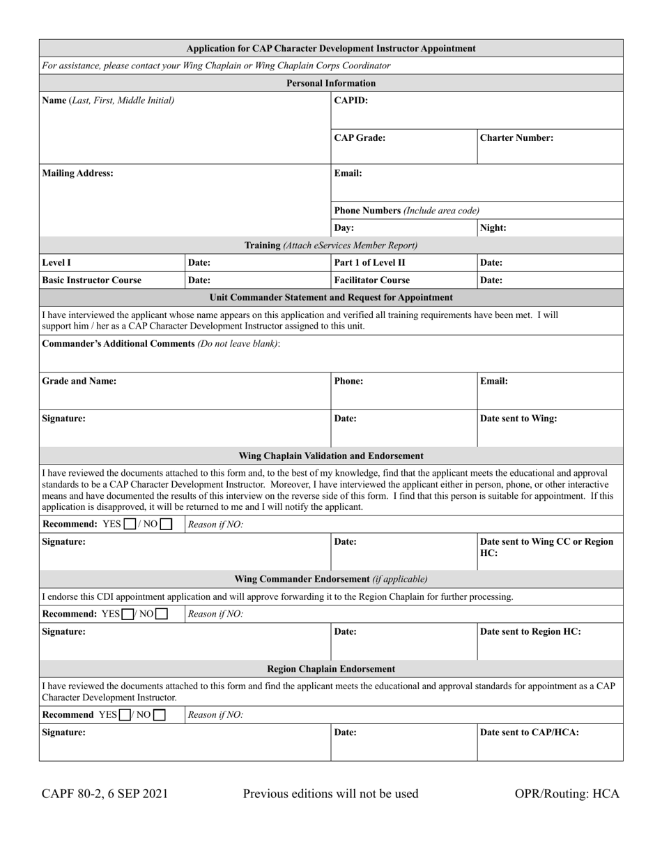 CAP Form 80-2 Application for CAP Character Development Instructor Appointment, Page 1