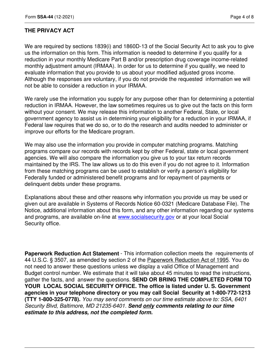 Form SSA-44 Medicare Income-Related Monthly Adjustment Amount - Life-Changing Event, Page 4