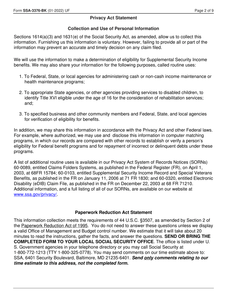 Form SSA-3376-BK Function Report - Child Age 1 to 3rd Birthday, Page 2